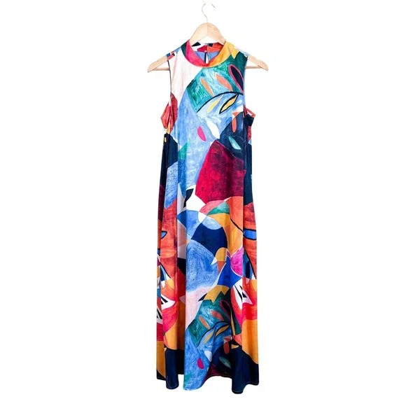 Nicole Miller Womens Artsy Maxi Dress Size L Colorful Resortwear Wedding Guest - Picture 3 of 9